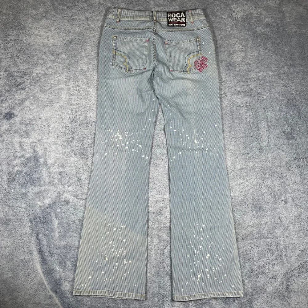 Vintage Rocawear‎ Pinstripe Paint Splatter Flare Jeans Blue White Juniors Size 9